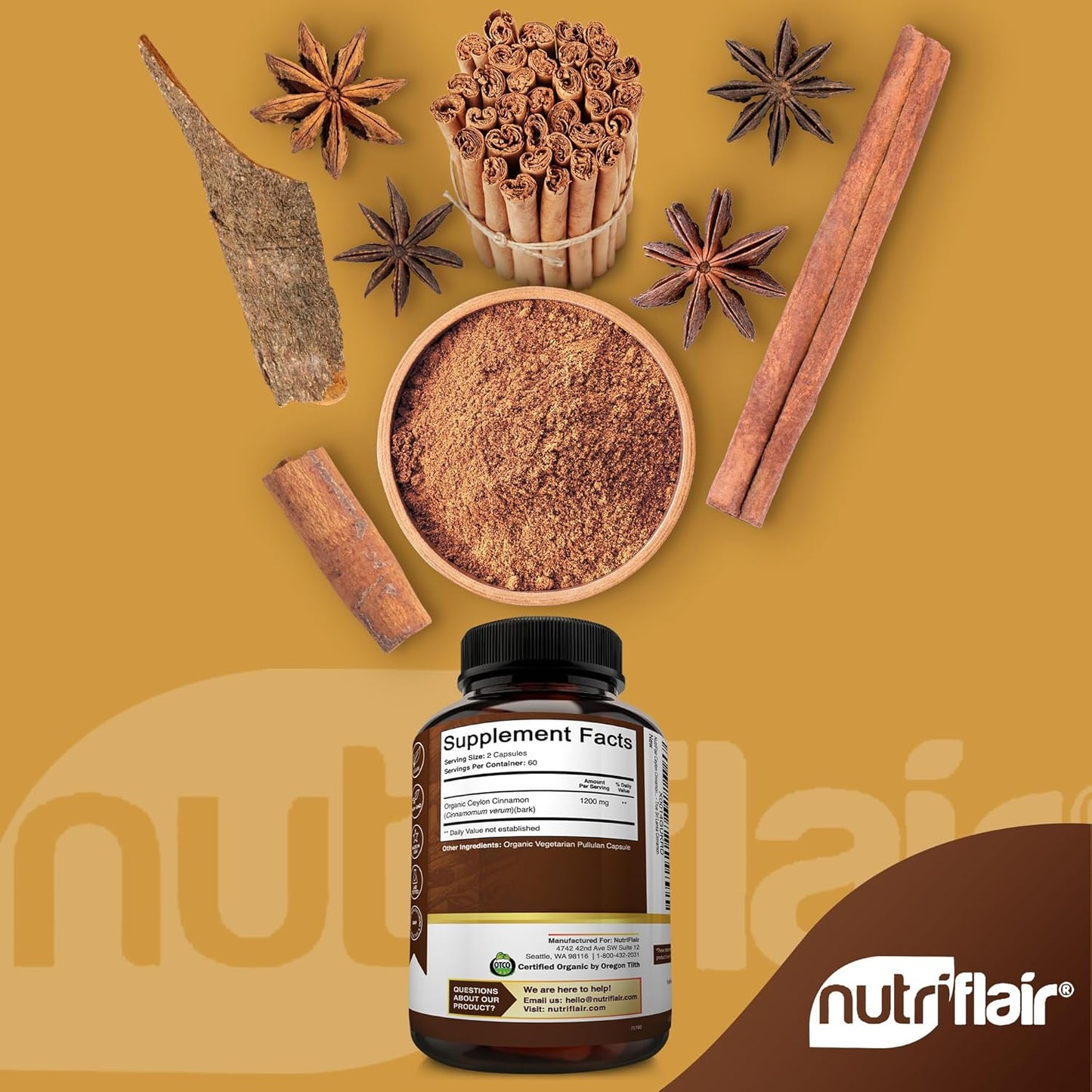 NutriFlair Organic Ceylon Cinnamon 1200mg, 120 Capsulas