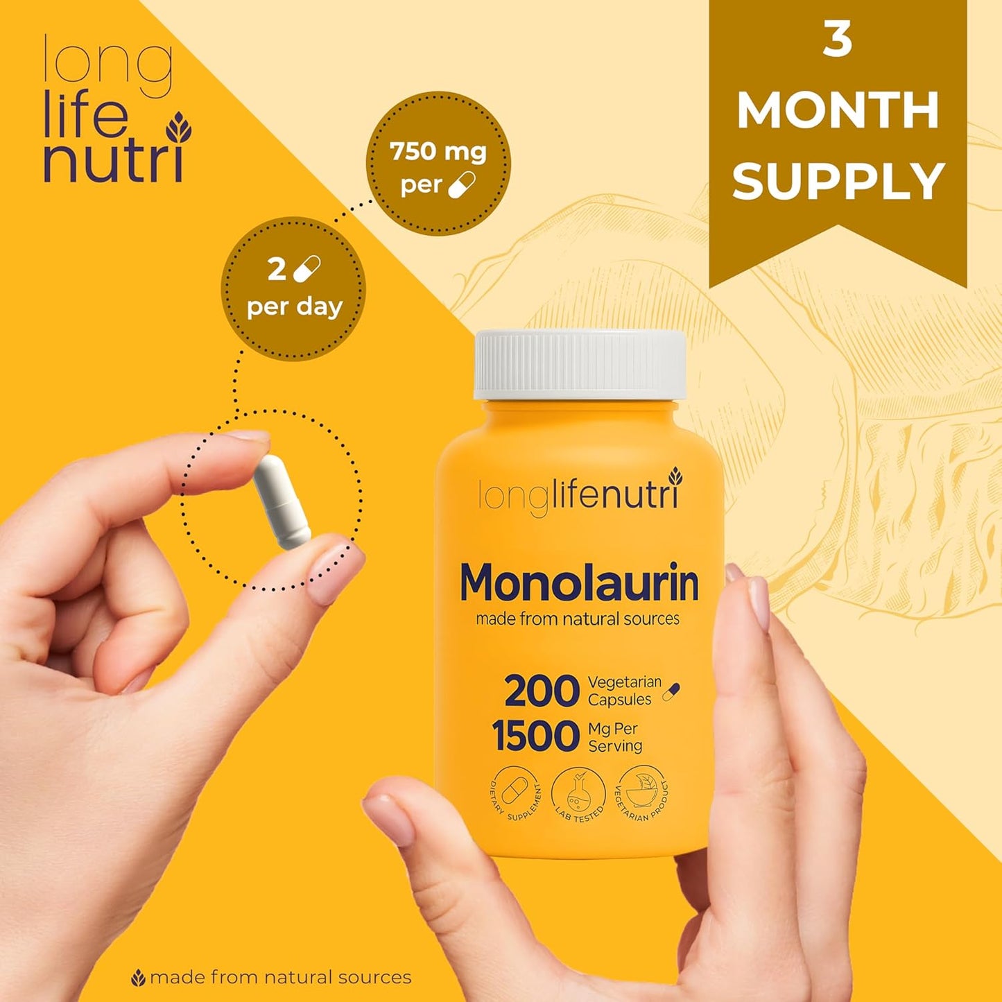 Longlifenutri , vitamina monolaurina de 1500 mg - 200 cápsulas vegetarianas