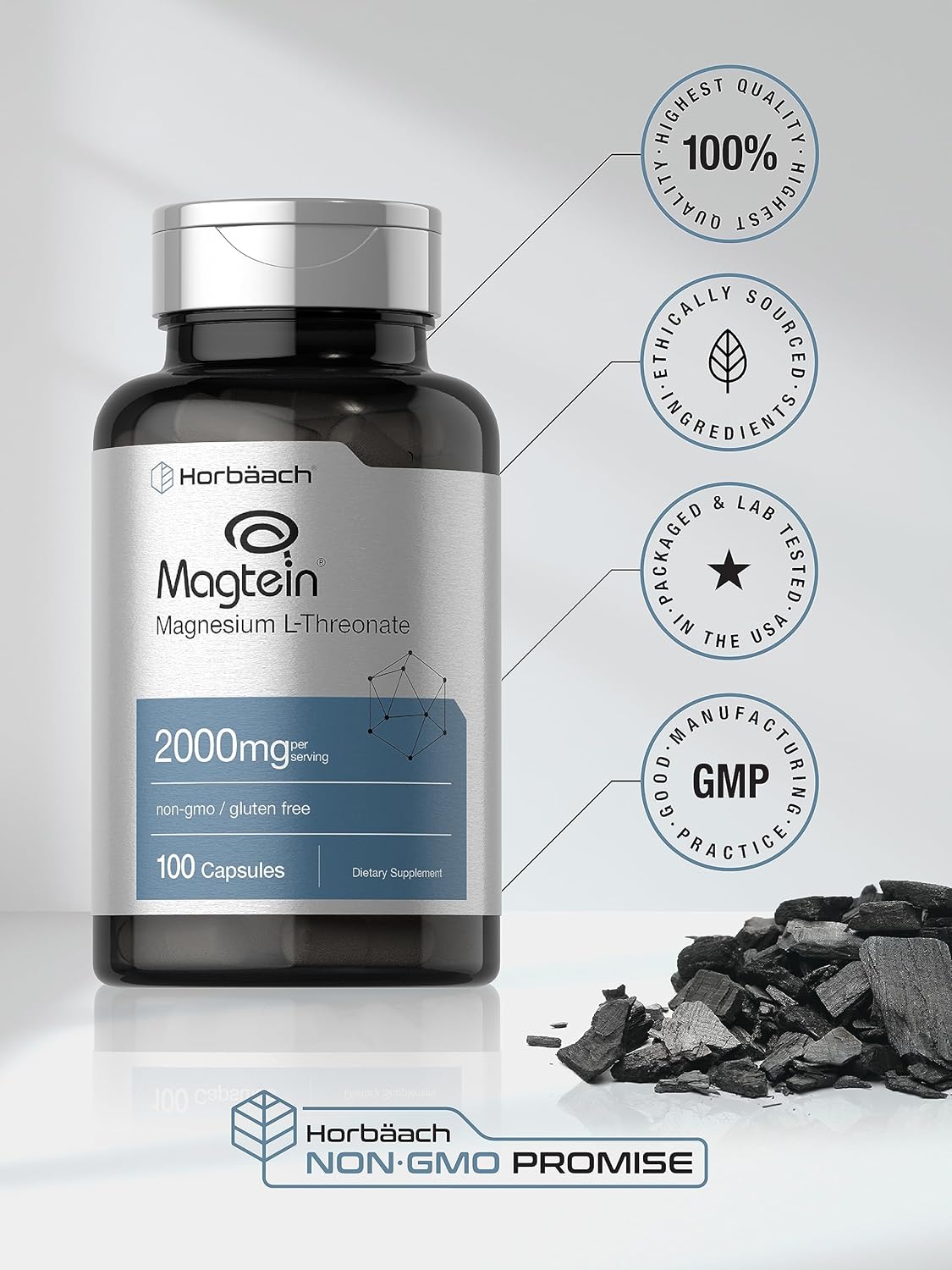 Magtein L-Threonate 2000 mg | 100 cápsulas Sin OMG y sin gluten Horbaach