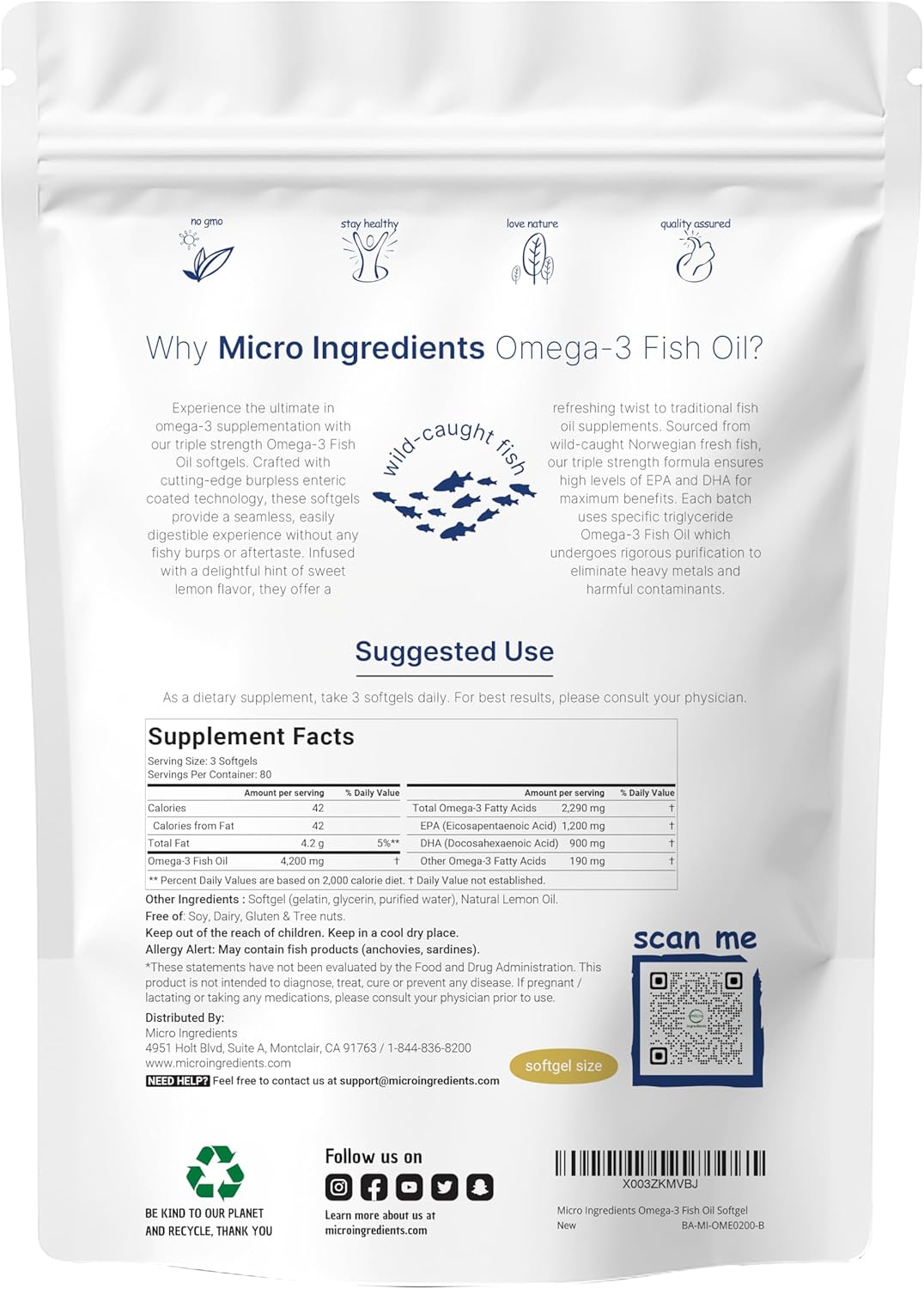 Omega-3 Fish oil 4200mg - 1,200mg EPA + 900mg DHA - 240 capsulas sabor a limon