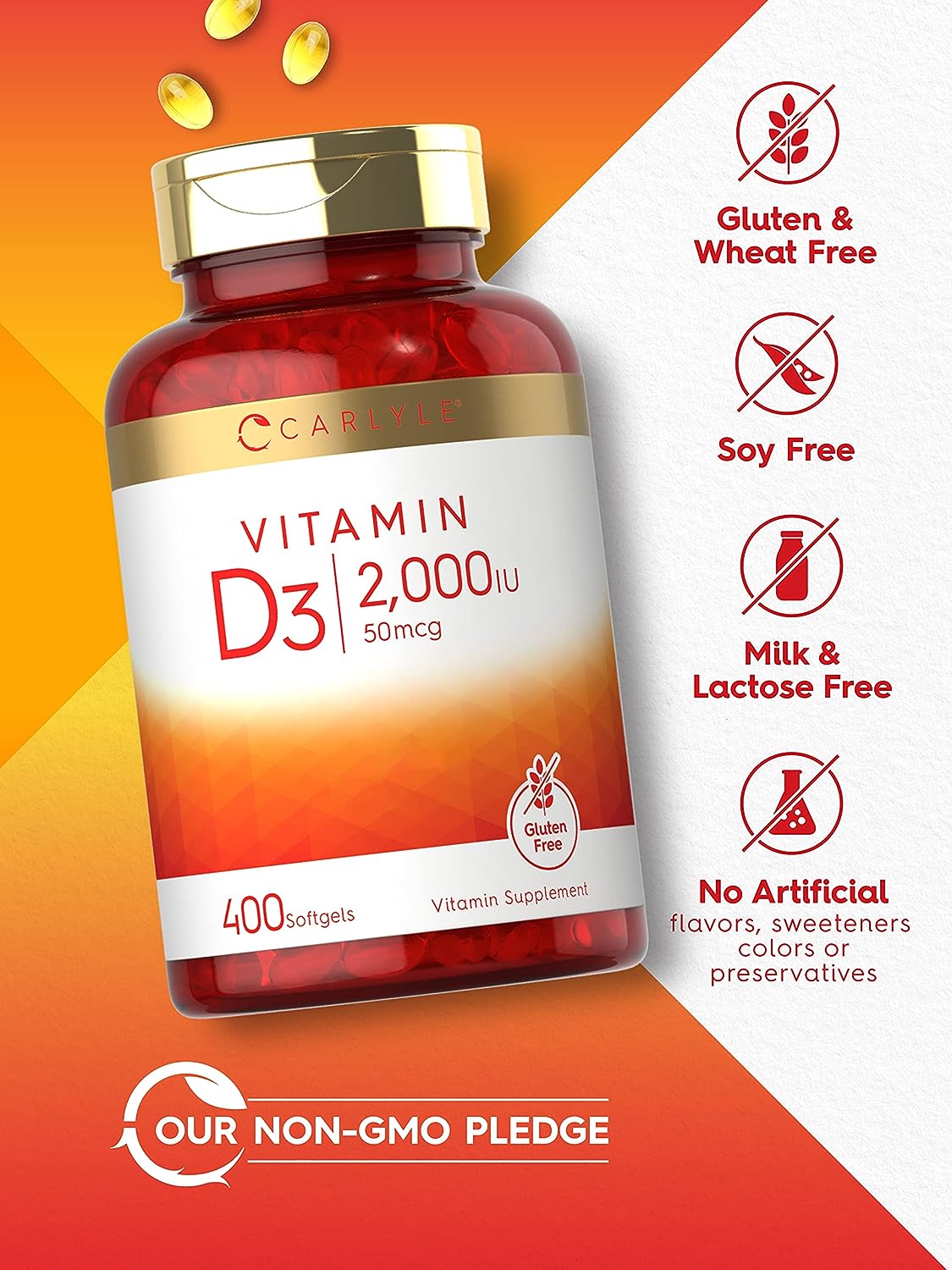 Vitamina D3 2000 UI 50 mcg 400 cápsulas blandas sin OMG y sin gluten Carlyle Laboratorio