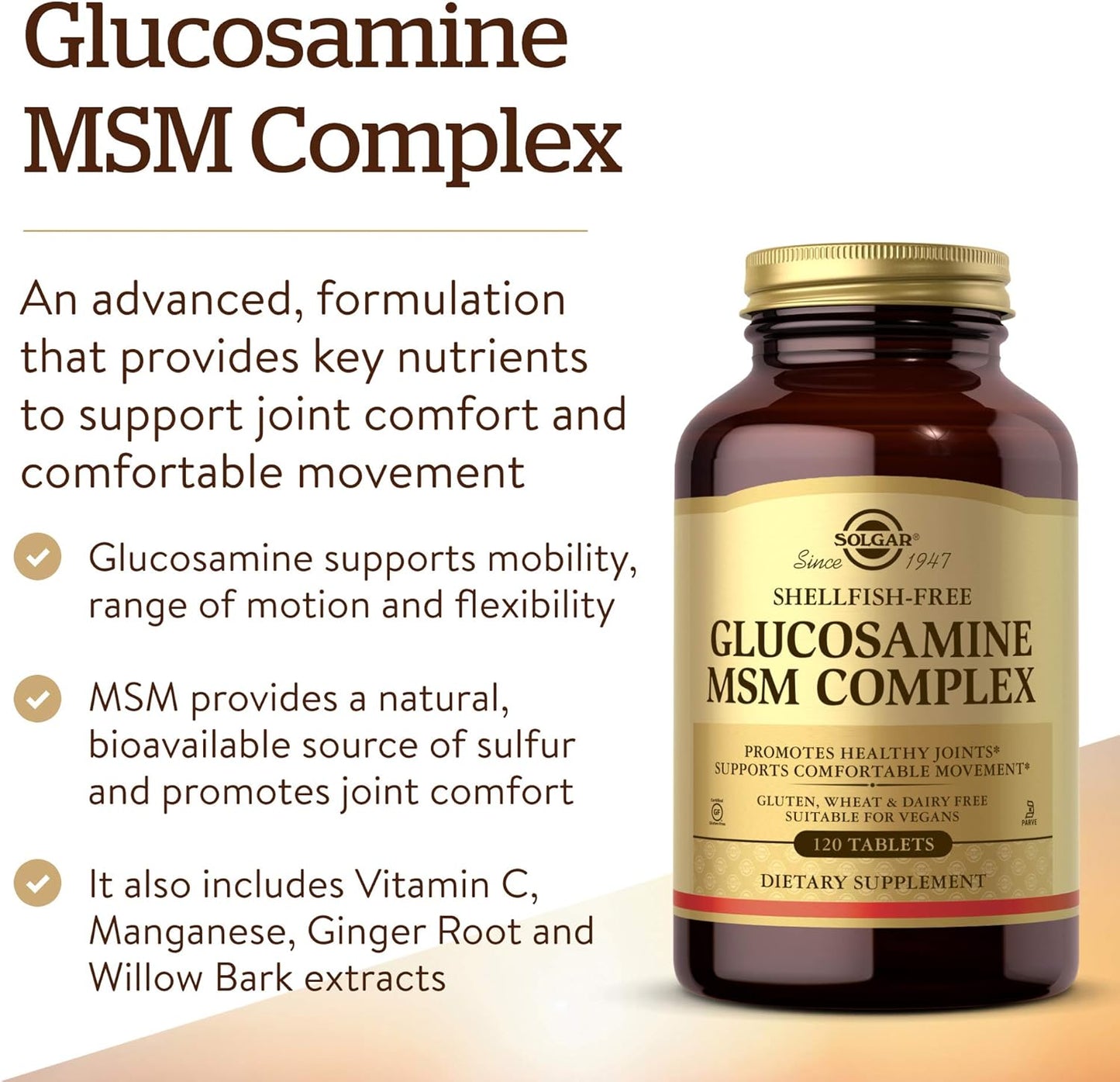 Solgar - Glucosamina MSM complex sin mariscos, 120 tabletas