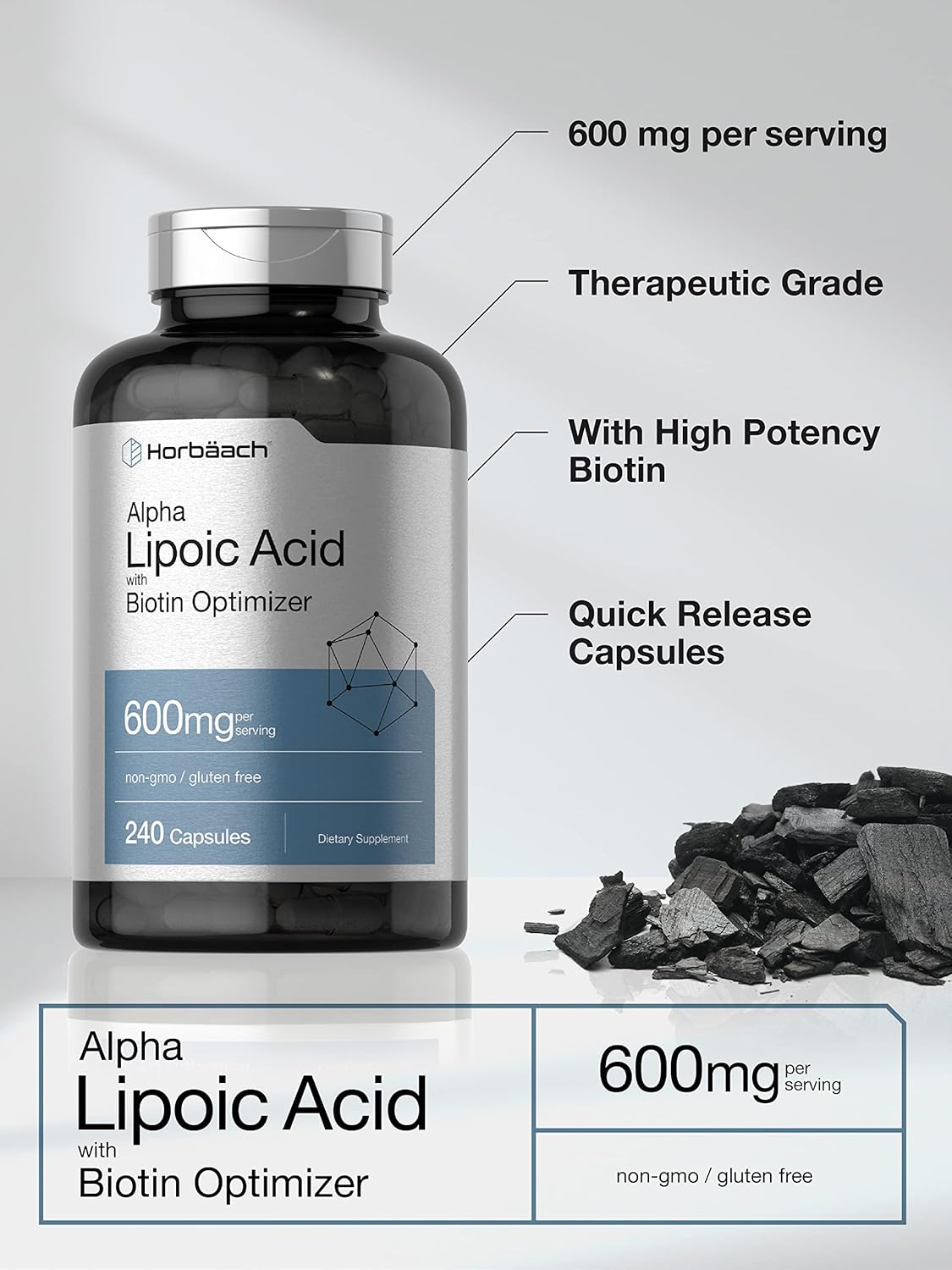 Horbäach Ácido alfa lipoico de 600 mg | 240 cápsulas | con optimizador de biotina | Suplemento sin OMG y sin gluten