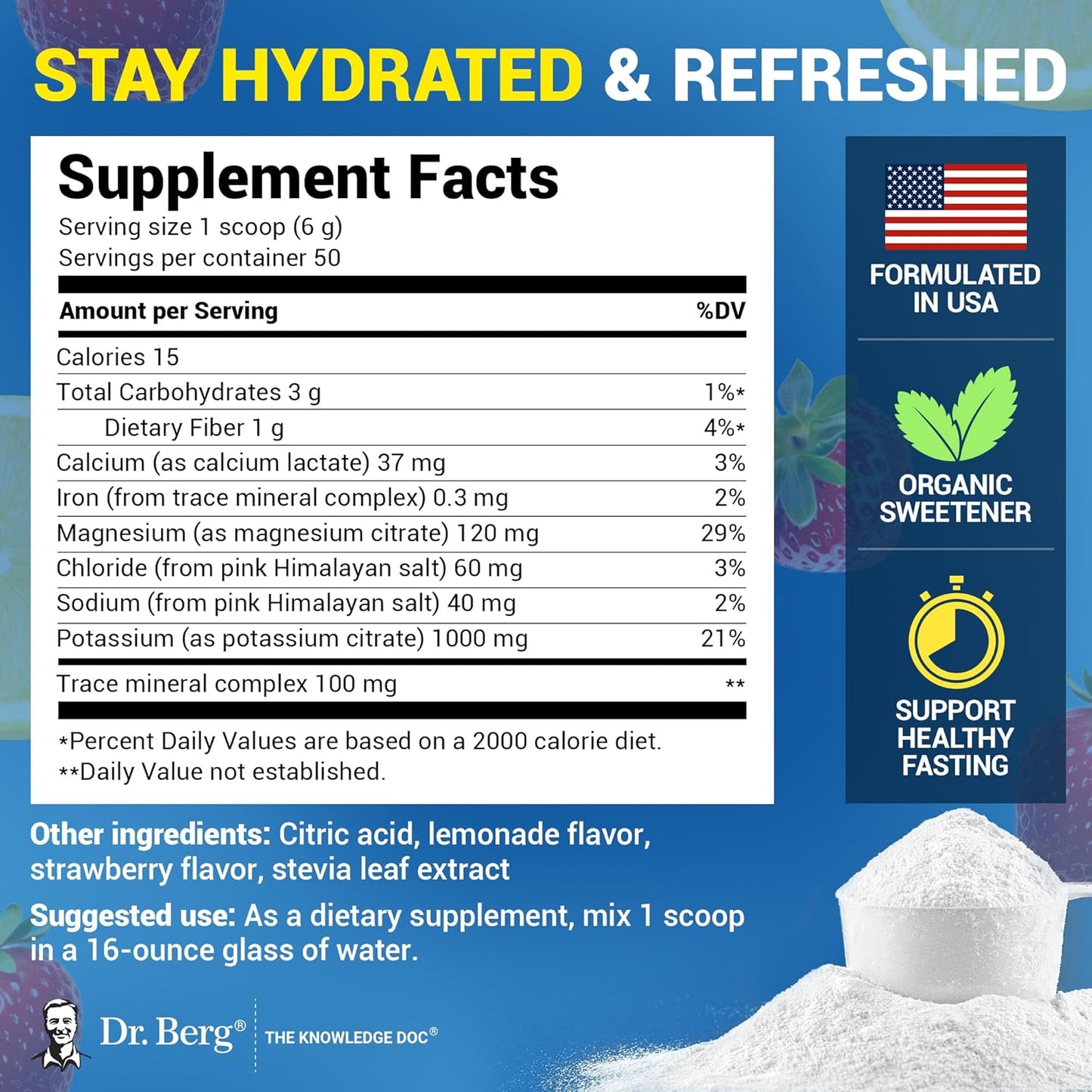 Dr. Berg - Electrolyte Powder 295g, sabor limonada de fresa