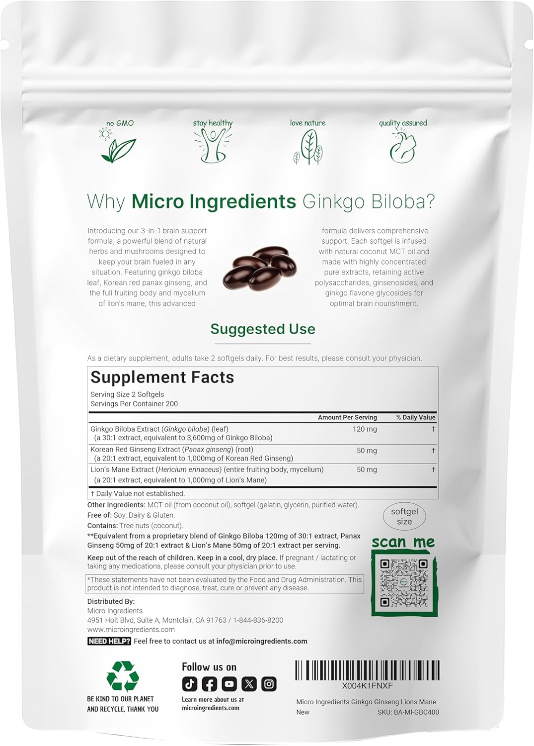 MicroIngredients - Ginkgo Biloba, panax ginseng lions mane con MCT OIl, 400 capsulas