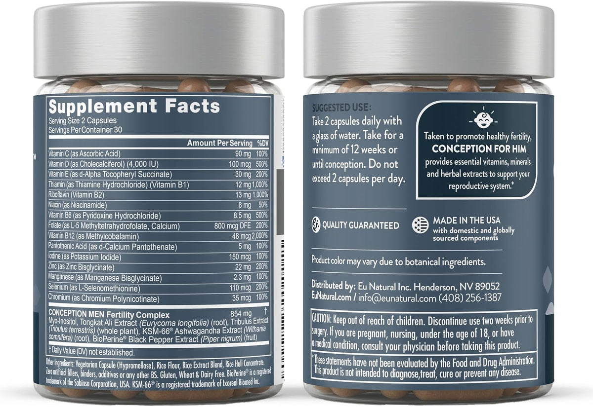 Conception For Him - Vitaminas de fertilidad – Recuento óptimo masculino, fuerza de movilidad de esperma, – zinc, folato, píldoras Ashwagandha – 60 cápsulas
