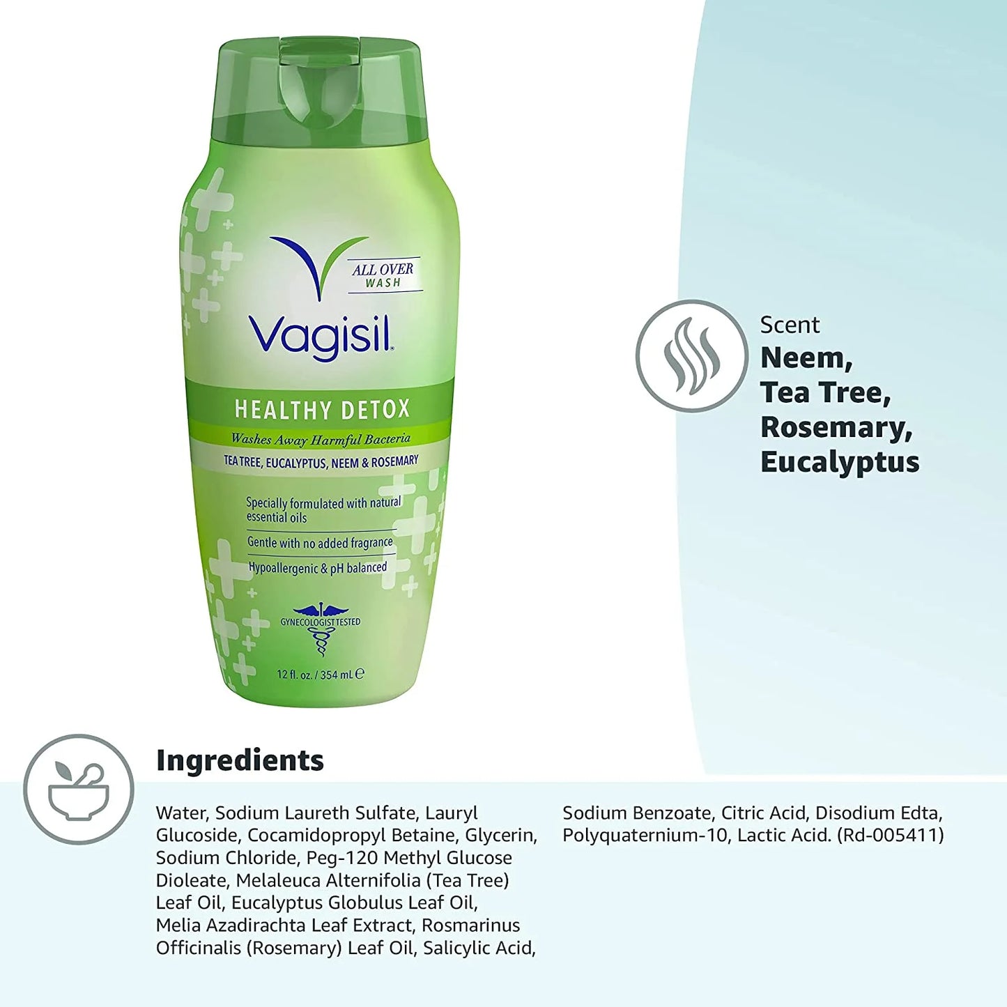 Vagisil DETOX SALUDABLE En todo el lavado corporal para mujeres, ginecólogo, probado, hipoalergénico y pH equilibrado, 354ml