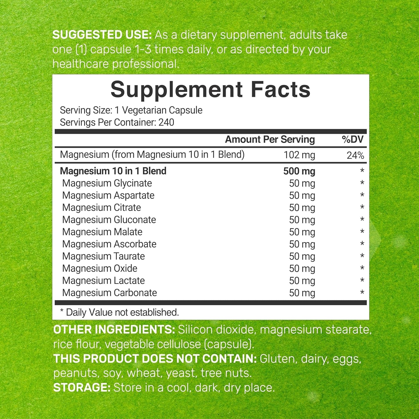 Suplemento de complejo de magnesio 500 mg, 240 cápsulas vegetales