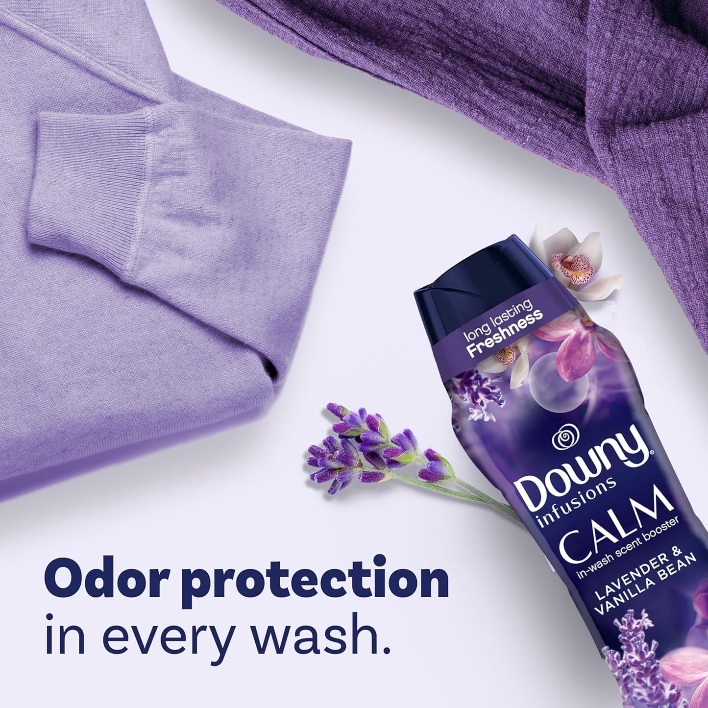Downy Infusions - Perlas potenciadoras de aroma para lavar la ropa, calmante, aroma calmante a lavanda y vainilla a grano, 30.1 oz 853g
