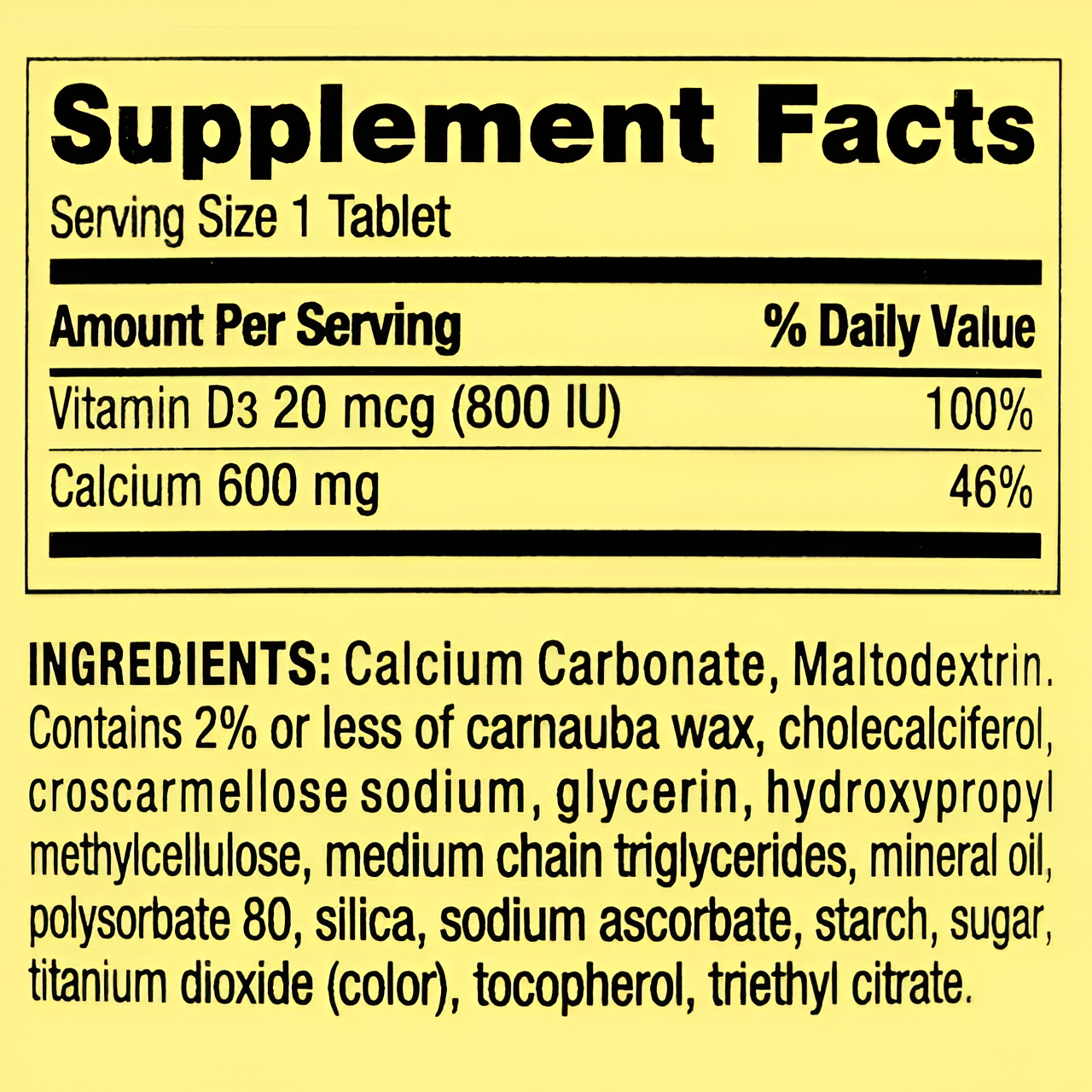 CALCIO 600 mg. + D3 20 mcg. Spring Valley 250 tabletas