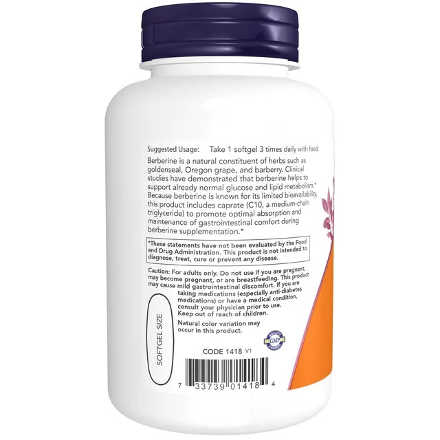 NOW Supplements, Berberine Glucose Support, Combined with MCT Oil, 60 Softgels