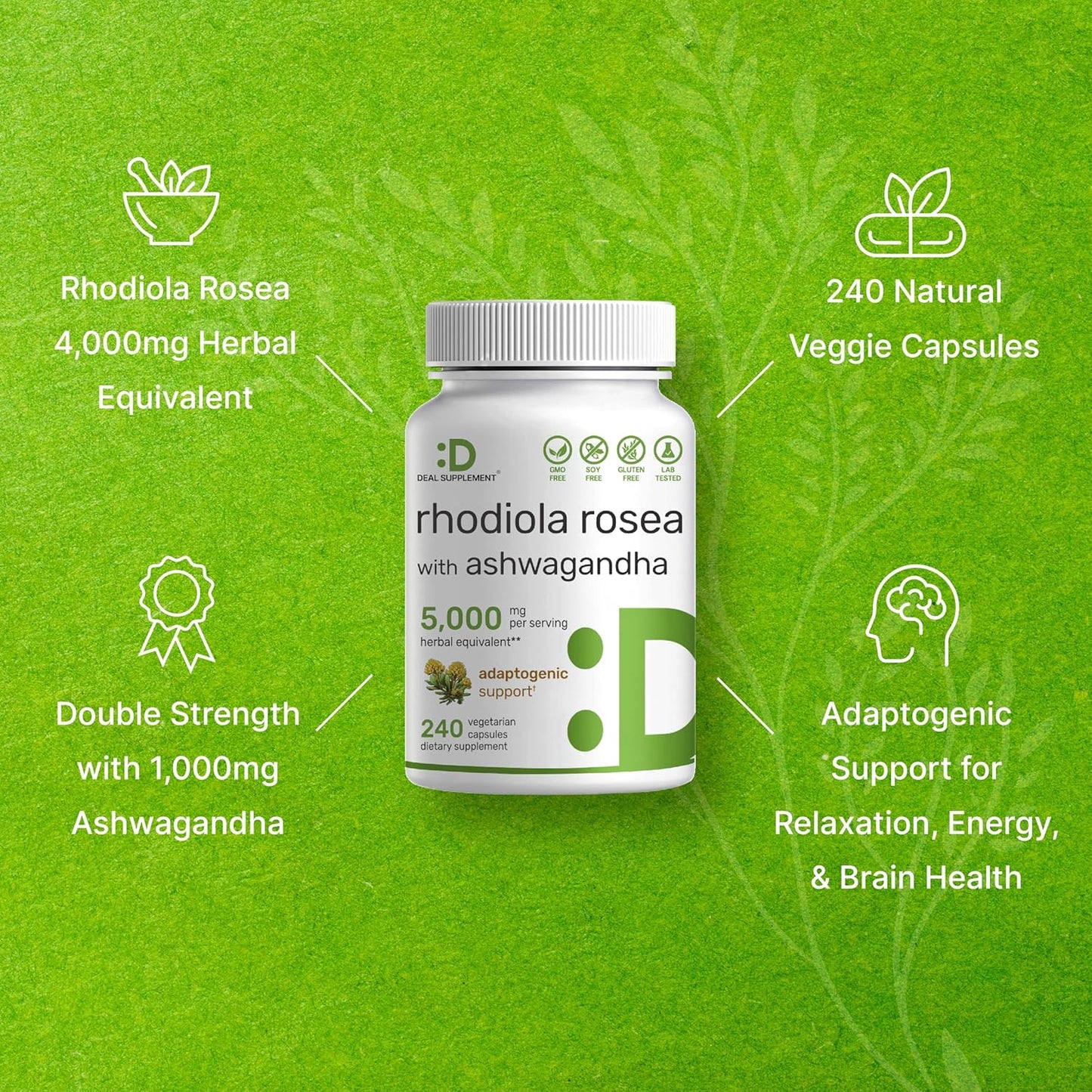 Rhodiola Rosea con Ashwagandha 5000mg , 240 capsulas vegetarianas - Deal Supplement