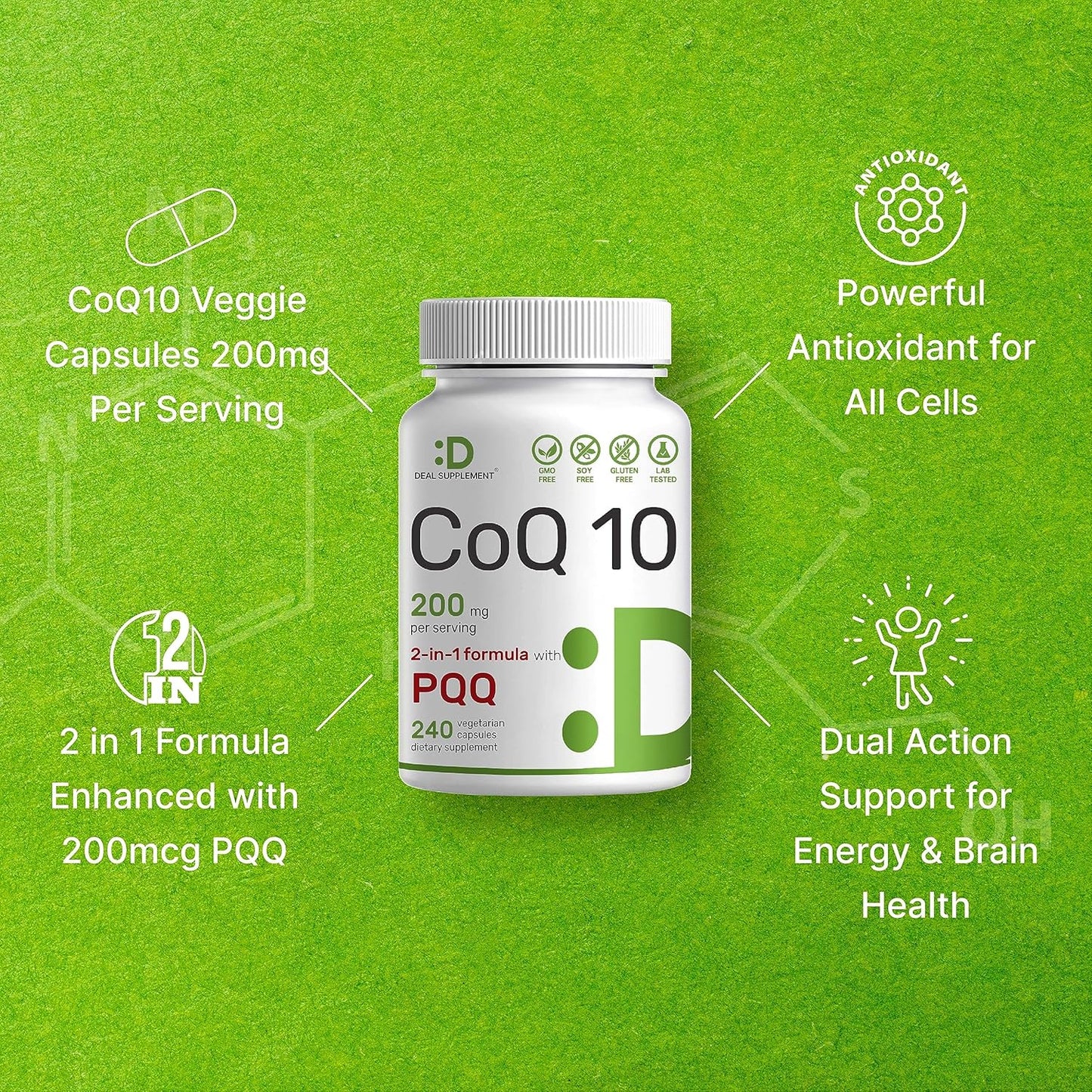 DEAL SUPPLEMENT CoQ10 200mg con PQQ, 240 cápsulas vegetales