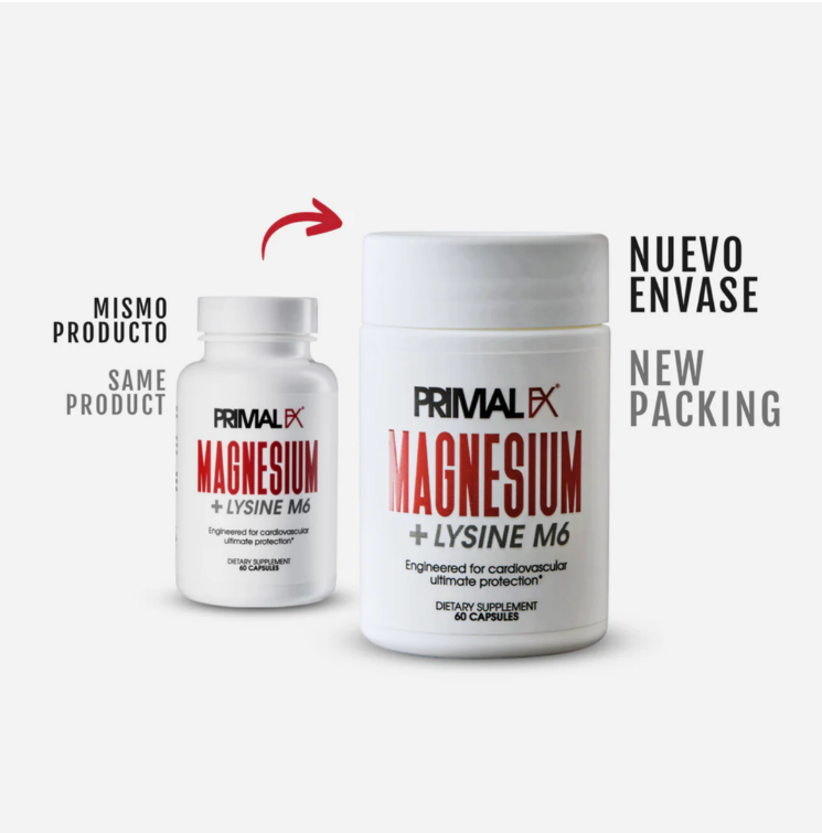 Magnesium + Lysine M6 , 60 capsulas -Primal FX