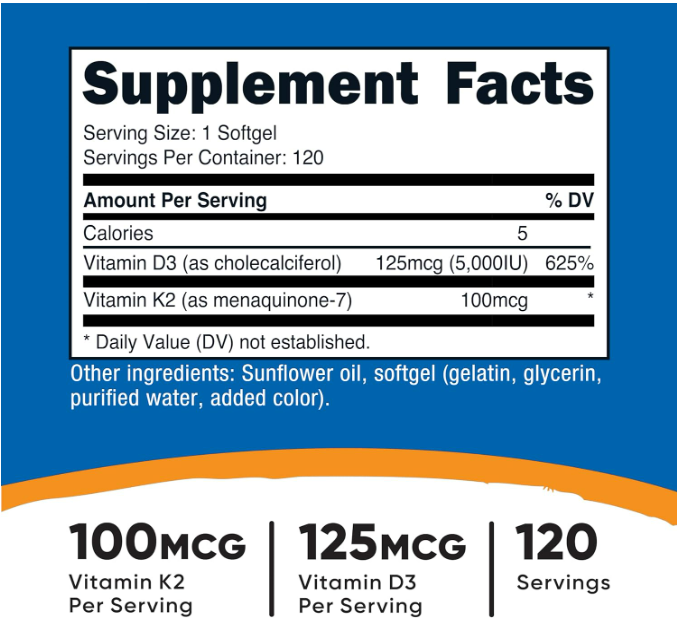Nutricost - Vitamina K2(100mcg) + Vitamina D3(125mcg), 120 capsulas