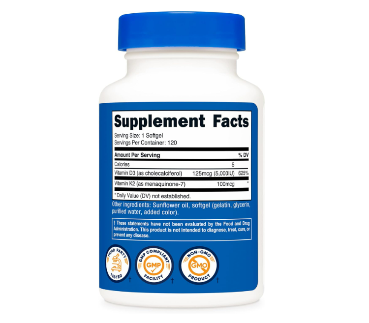 Nutricost - Vitamina K2(100mcg) + Vitamina D3(125mcg), 120 capsulas