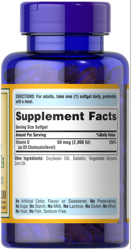 Puritan's Pride Vitamin D3 2000 IU, 200 Capsulas