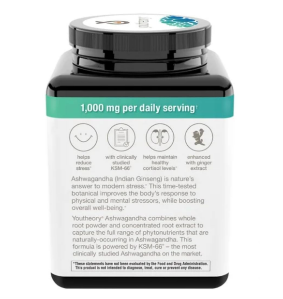 Youtheory Ashwagandha 1000mg - 180 Cápsulas Vegetarianas