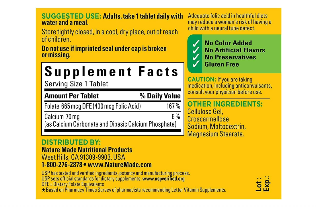 Ácido fólico, 400 mcg, 250 tabletas - Nature Made