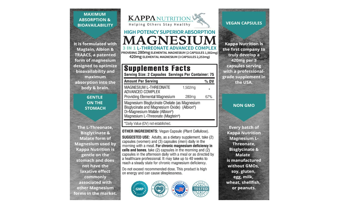 Magnesio 3 en 1 - L-Threonate advanced complex, 120capsulas- Kappa Nutrition