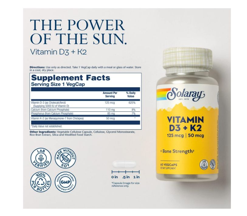 Solaray Vitamina D-3 con K-2, (125mcg/50mcg) 60 Cápsulas.