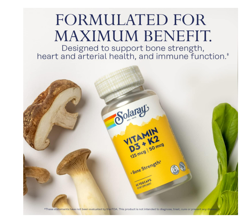Solaray Vitamina D-3 con K-2, (125mcg/50mcg) 60 Cápsulas.