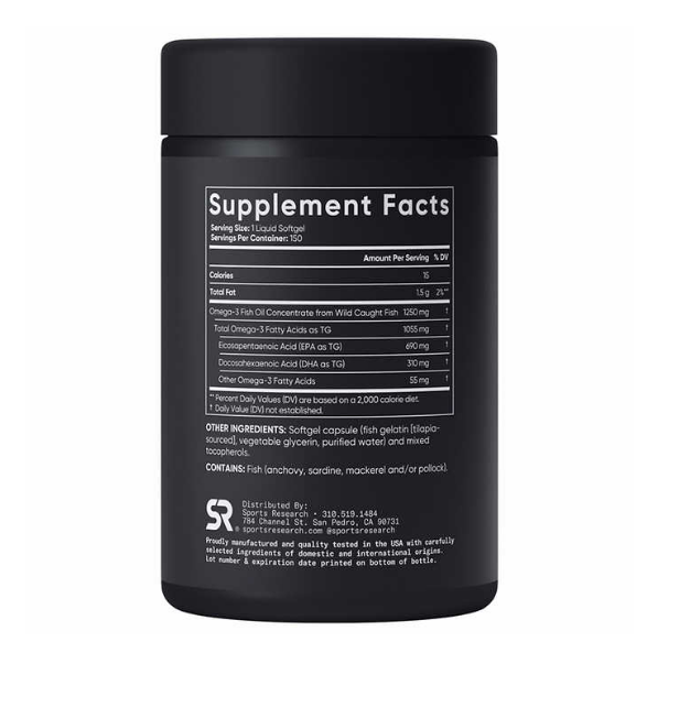Omega 3 Sports Research - Fish Oil 1250mg - 1055 mg. Omega 3 1055 mg - Triple Accion - 150 Cápsulas Blandas