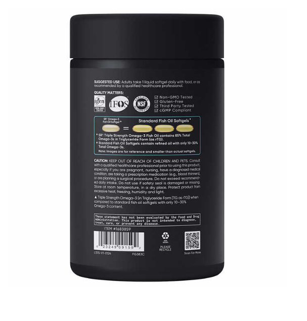 Omega 3 Sports Research - Fish Oil 1250mg - 1055 mg. Omega 3 1055 mg - Triple Accion - 150 Cápsulas Blandas