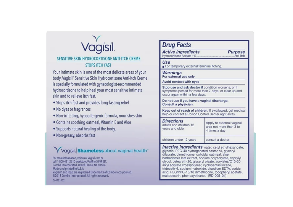 Crema vaginal antipicazón Vagisil, máxima potencia, piel sensible- 1 oz.(28gr)