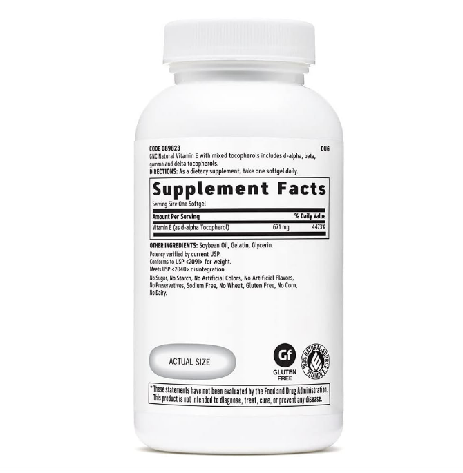 GNC Vitamina E 100% natural 1000IU - 60 cápsulas blandas