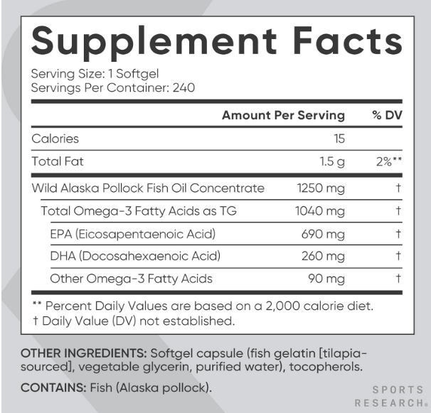 Sports Research , Omega - 3 Fish oil 1250mg fish oil / 1040mg omega 3 , 240 capsulas