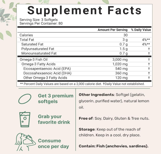 Omega-3 Fish oil 3000mg 540mg EPA + 360mg DHA - 240 capsulas sabor a limon
