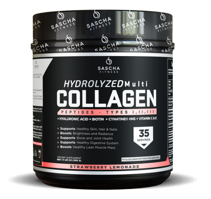 SASCHA FITNESS Péptidos de colágeno multi hidrolizados, 490g - Limonada de fresa