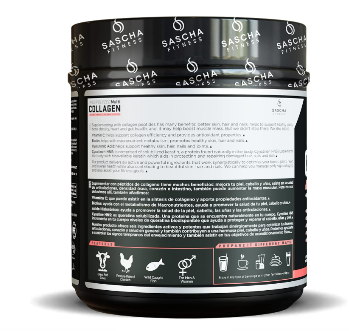 SASCHA FITNESS Péptidos de colágeno multi hidrolizados, 490g - Limonada de fresa