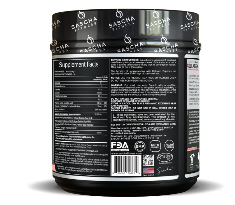 SASCHA FITNESS Péptidos de colágeno multi hidrolizados, 490g - Limonada de fresa