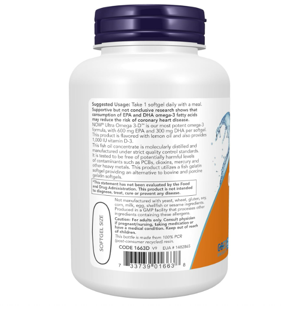 Now Ultra Omega 3- D fish oil 600EPA/300DHA (1000IU D3) - 90 capsulas