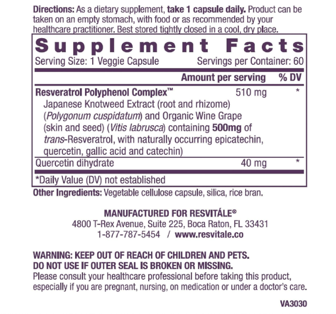 ResVitále Resveratrol 500 mg - Suplemento de resveratrol - 60 cápsulas vegetales