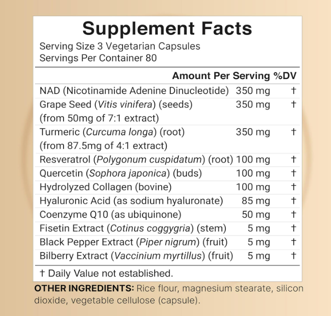 Naturebell , NAD+ resveratrol + acido hialuronico 1,500mg , 11 in-1 - 240 capsulas vegetarianas