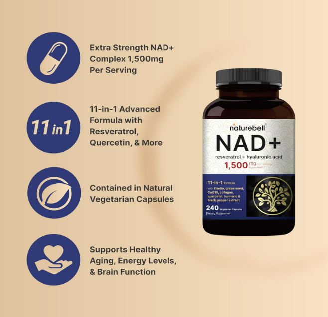 Naturebell , NAD+ resveratrol + acido hialuronico 1,500mg , 11 in-1 - 240 capsulas vegetarianas