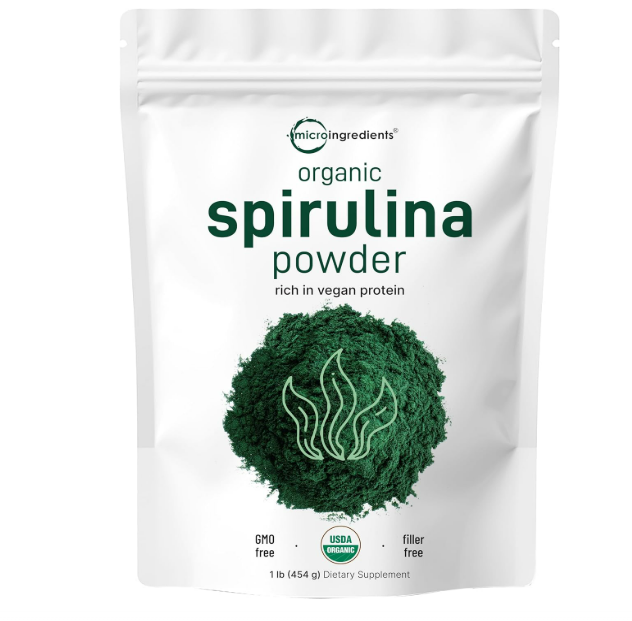 Micro Ingredients Espirulina orgánica en polvo, 16 onzas, Espirulina cruda (Arthrospira Platensis), Las fuentes más ricas de 70% de proteína vegana, Envases de minerales, vitaminas, sin OGM y sin irradiación