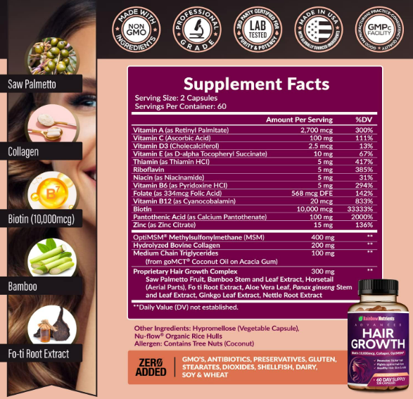 Rainbown Nutrients - Hair Growth, biotin 10,000mcg-collagen-optimsm , 120 capsulas (Copia)