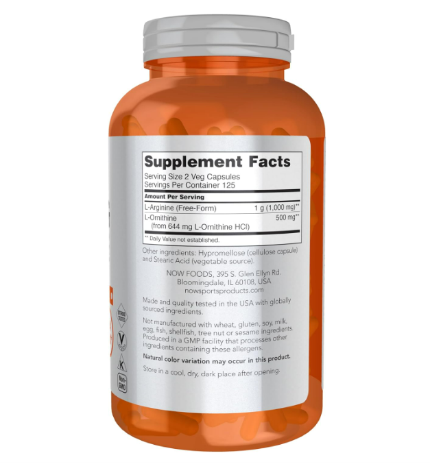 NOW Sports - Arginina & Ornitina 500/250 mg, Aminoácidos, 250 Cápsulas Vegetales