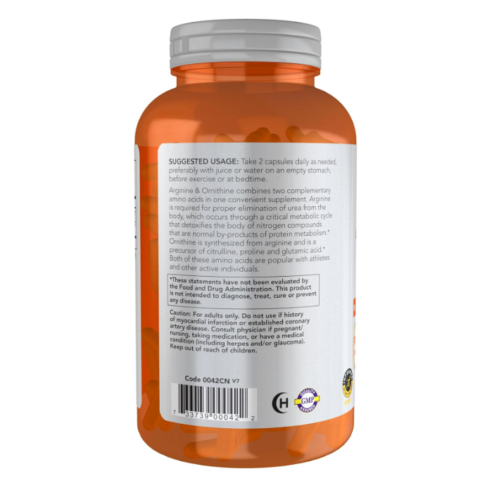 NOW Sports - Arginina & Ornitina 500/250 mg, Aminoácidos, 250 Cápsulas Vegetales