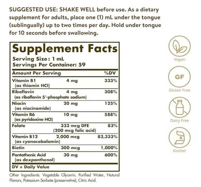 Solgar - Sublingual Liquido B-12, 2000mcg con B- Complex - 59ml(2oz)