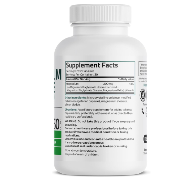 Bronson -Glicinato de magnesio 200 mg por porción conquelado, 60 capsulas vegetarianas