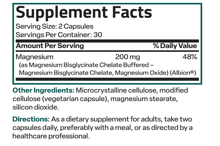 Bronson -Glicinato de magnesio 200 mg por porción conquelado, 60 capsulas vegetarianas