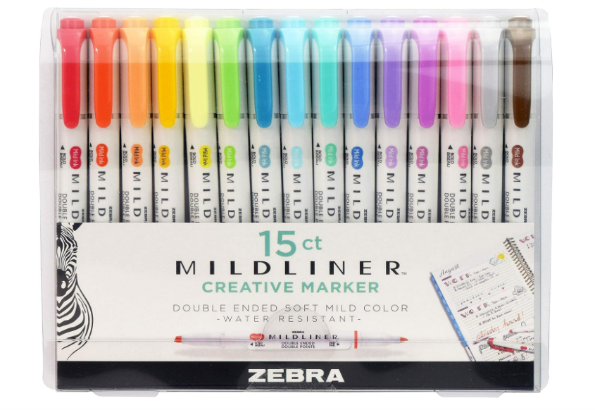 Zebra Pen Mildliner - Resaltador de doble extremo, con puntas anchas y finas, colores variados, paquete de 15 unidades