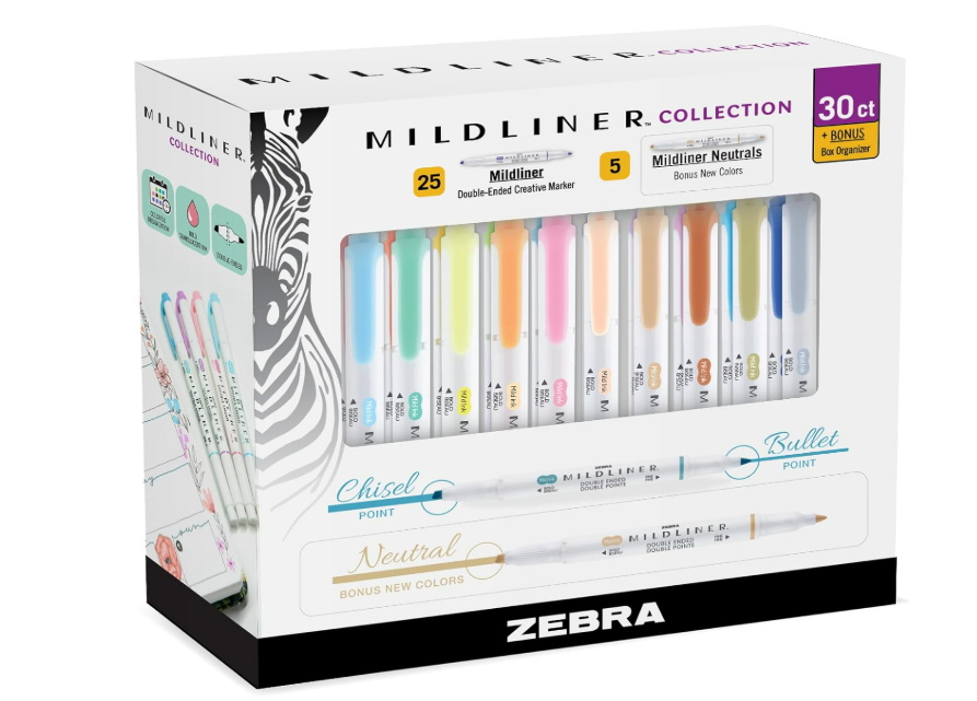 Zebra Pen Mildliner - Resaltadores de doble extremo, puntas anchas y finas, bolígrafos de línea media de colores pastel y neutros, paquete de 30