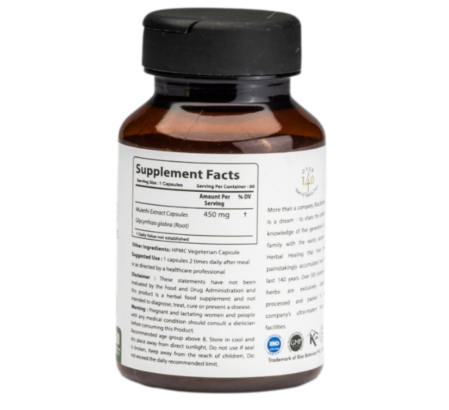Bixa Botanical - Licorice root ( Mulethi ) extract (Glycyrrhizin 25%) 450mg, 60 capsulas