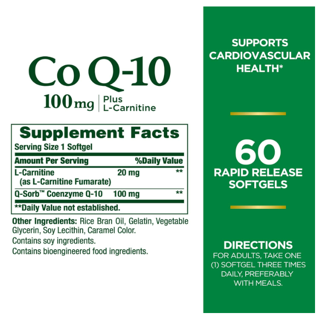 Natures Bounty - Coq10 100mg con L-cartinine , 60 cápsulas blandas de liberación rápida